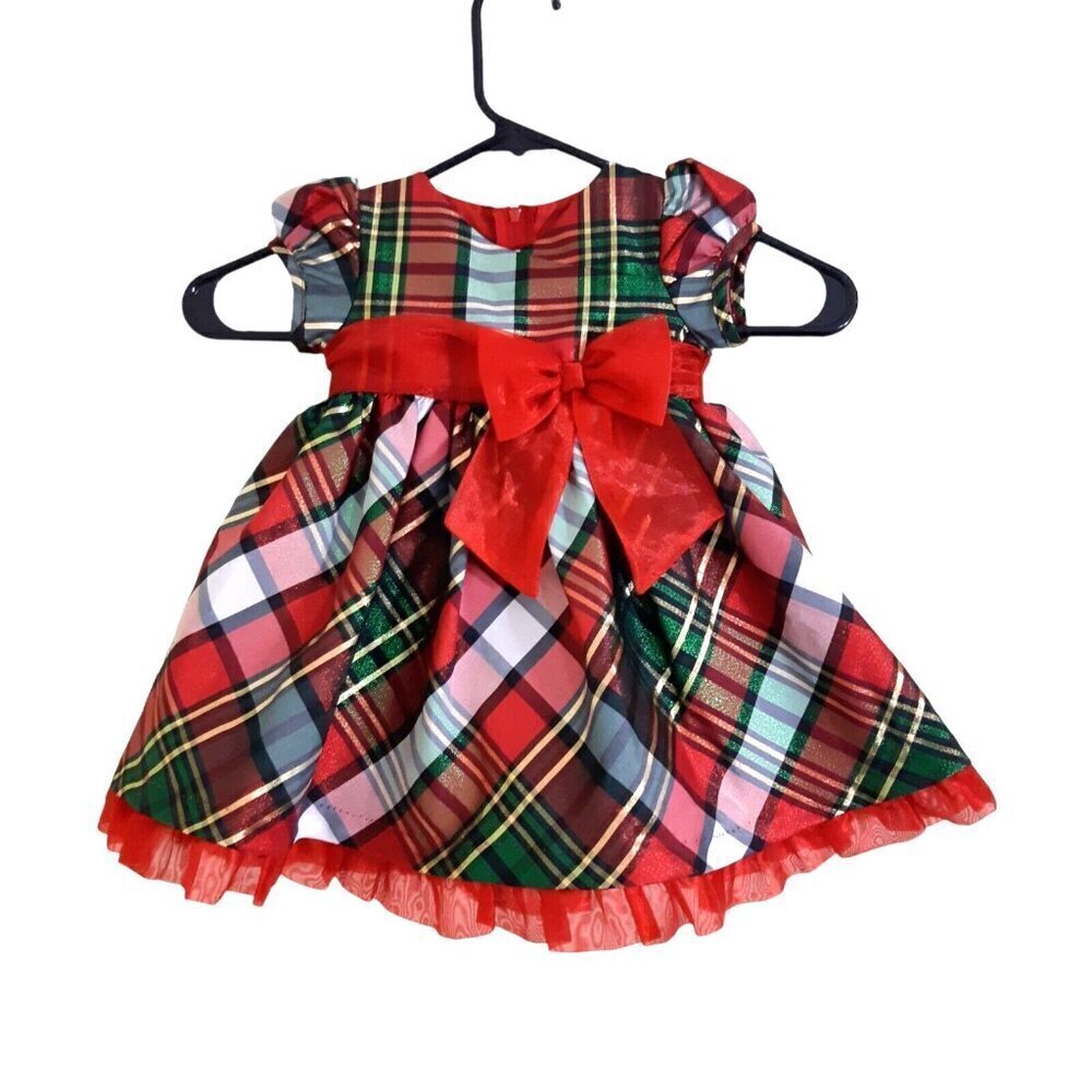 *Iris and Ivy Girls 12M Red Green Black Gold Plaid Christmas Dress Shimmer Party